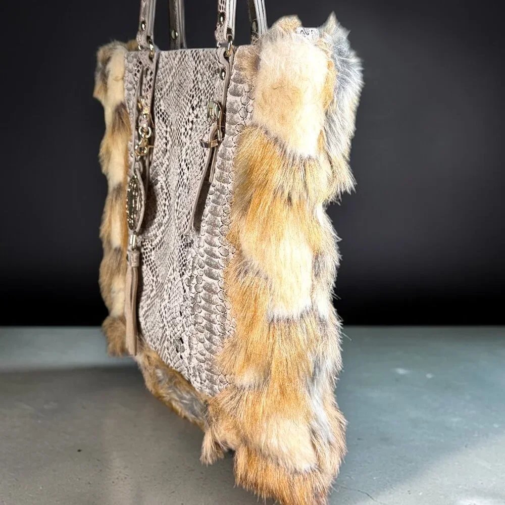 Sharif Studio Rare Snake Embossed Leather & Faux Fur Trimmed Shoulder Tote Bag